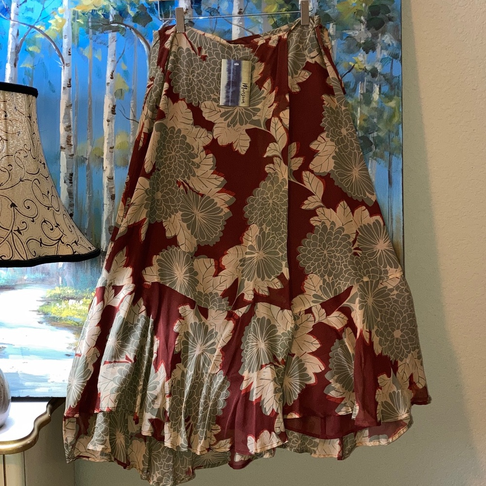 Monsoon 100% Silk Burgundy Floral Tiered Wrap Skirt; See Measurements Inside